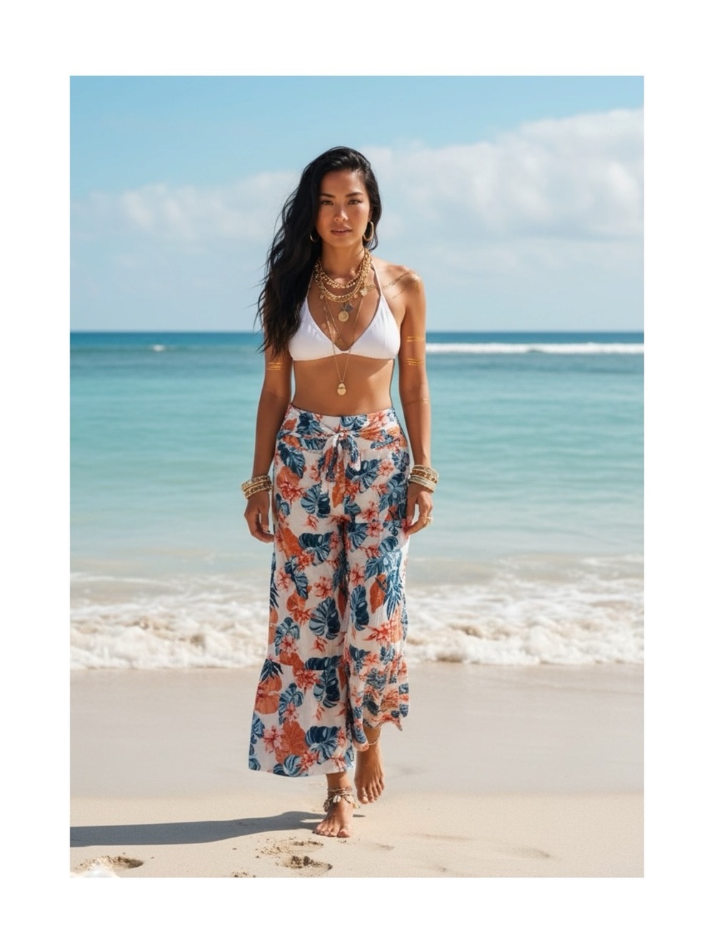 Roxy ✿ Saturated Floral Print Wide Leg Beach Pants ✿ Red White + Blue ✿ Small